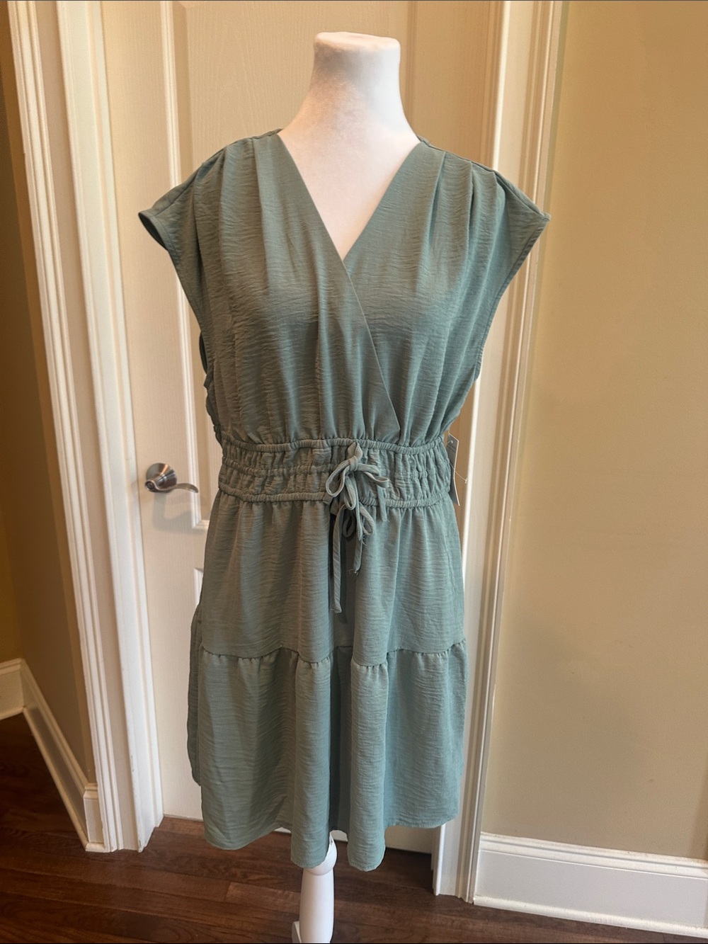 NEW Tahari Sleeveless Sage Green Dress with front ties and side pockets